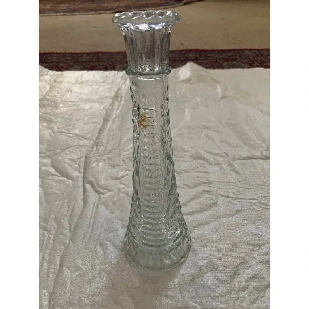 Clear Glass Bud Vase Textured Embossed Floral Pattern Scalloped Rim